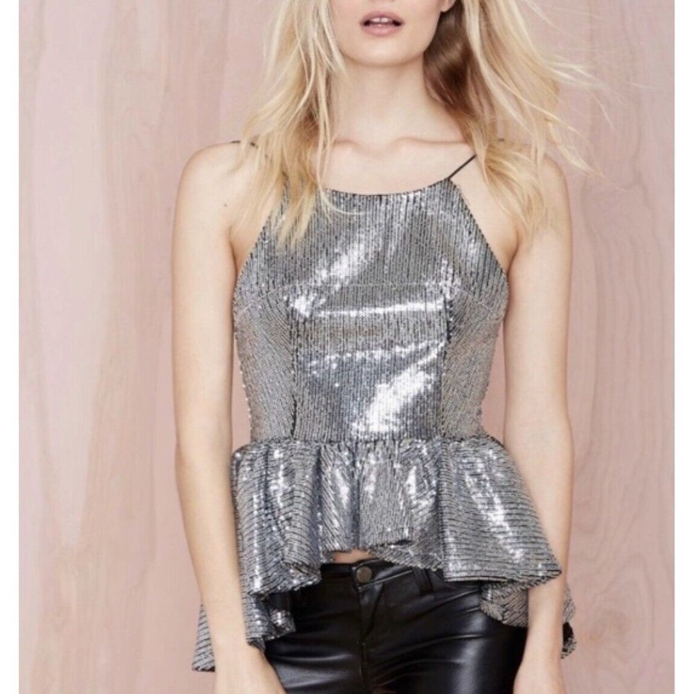 Rehab Silver Sequins Peplum Spaghetti Straps Open Back High Low Top Size S NWT